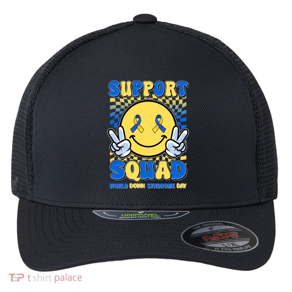 Support Squad World Down Syndrome Day Retro Smiley Emoji Flexfit Unipanel Trucker Cap