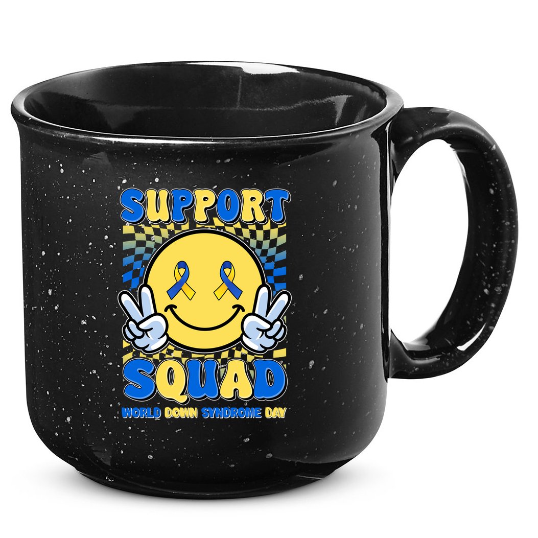 Support Squad World Down Syndrome Day Retro Smiley Emoji 15oz Campfire Ceramic Mug