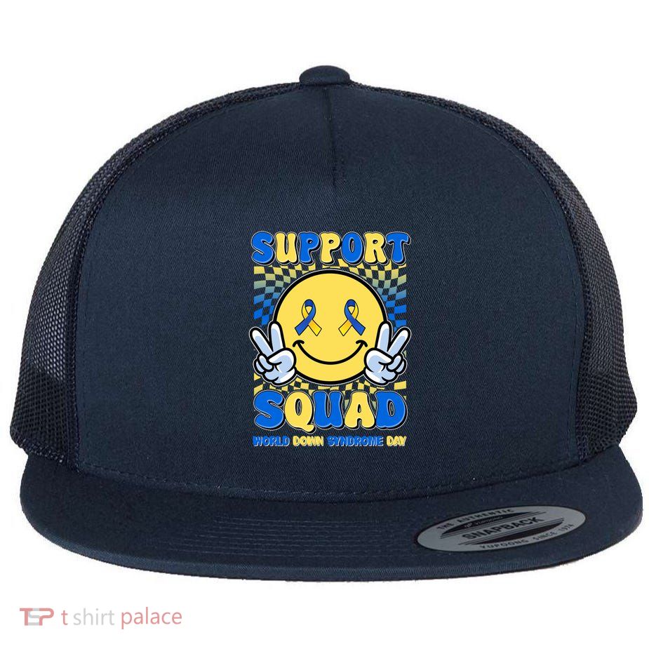 Support Squad World Down Syndrome Day Retro Smiley Emoji Flat Bill Trucker Hat