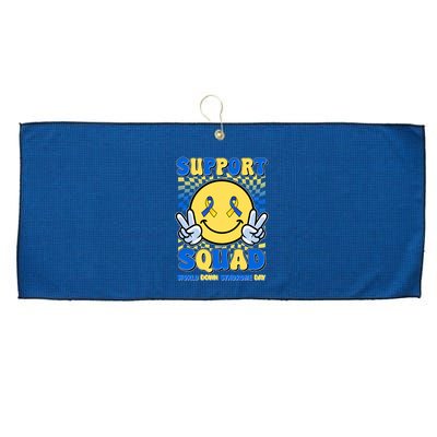 Support Squad World Down Syndrome Day Retro Smiley Emoji Large Microfiber Waffle Golf Towel