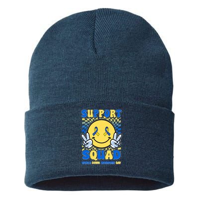 Support Squad World Down Syndrome Day Retro Smiley Emoji Sustainable Knit Beanie