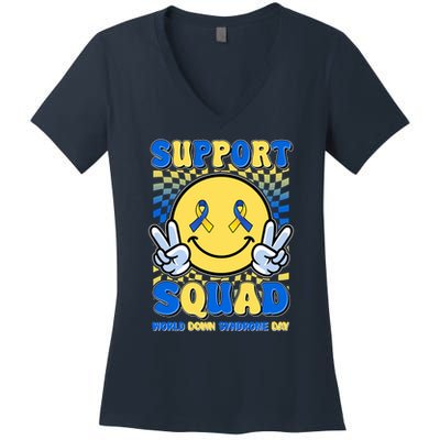 Support Squad World Down Syndrome Day Retro Smiley Emoji Women's V-Neck T-Shirt
