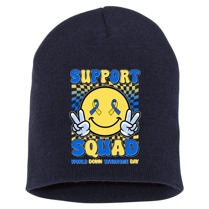 Support Squad World Down Syndrome Day Retro Smiley Emoji Short Acrylic Beanie