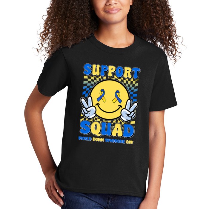 Support Squad World Down Syndrome Day Retro Smiley Emoji Kids T-Shirt