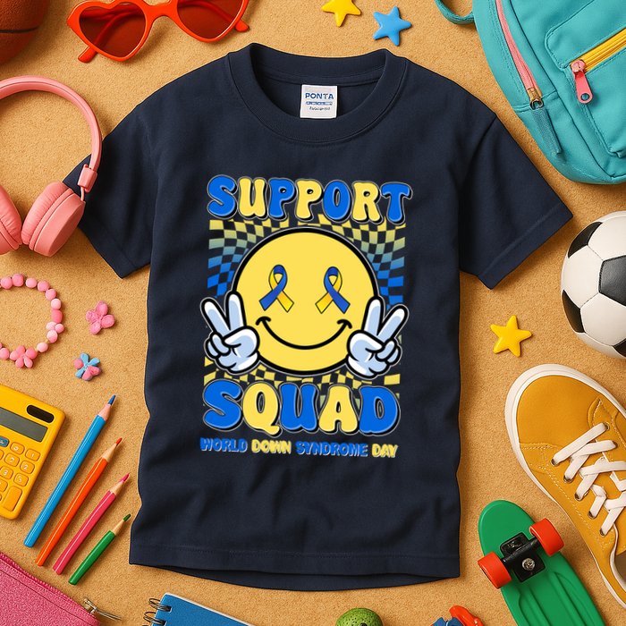 Support Squad World Down Syndrome Day Retro Smiley Emoji Kids T-Shirt