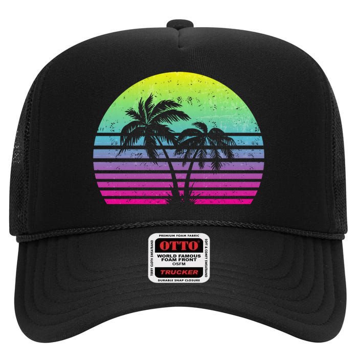 Summertime Synthwave Sunset With Palms High Crown Mesh Back Trucker Hat