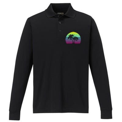 Summertime Synthwave Sunset With Palms Performance Long Sleeve Polo