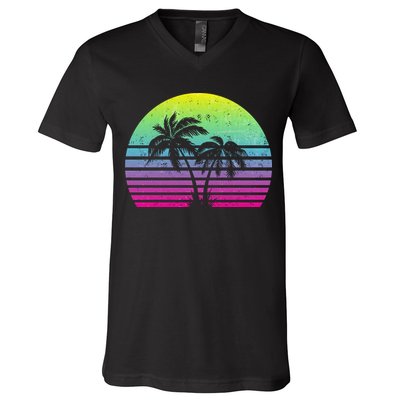 Summertime Synthwave Sunset With Palms V-Neck T-Shirt