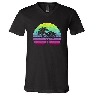 Summertime Synthwave Sunset With Palms V-Neck T-Shirt