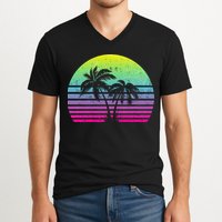 Summertime Synthwave Sunset With Palms V-Neck T-Shirt