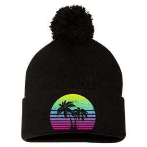 Summertime Synthwave Sunset With Palms Pom Pom 12in Knit Beanie