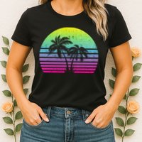 Summertime Synthwave Sunset With Palms Womens T-Shirt