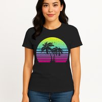 Summertime Synthwave Sunset With Palms Womens T-Shirt