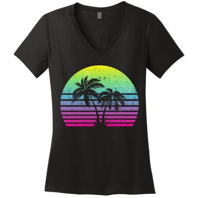 Summertime Synthwave Sunset With Palms Women's V-Neck T-Shirt