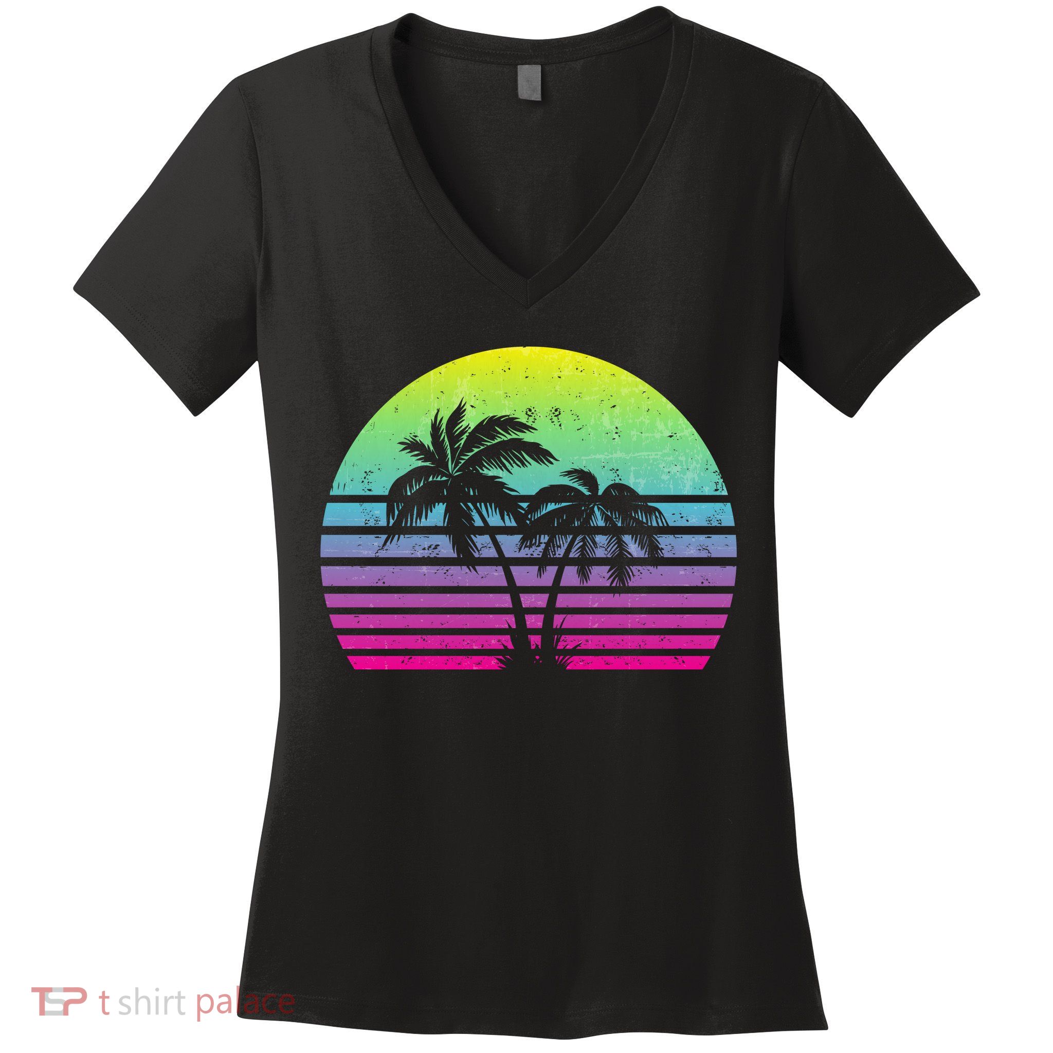 Summertime Synthwave Sunset With Palms Women's V-Neck T-Shirt