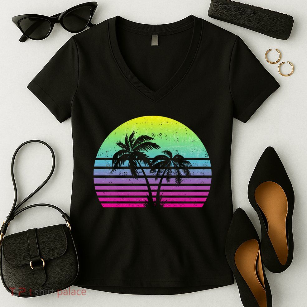 Summertime Synthwave Sunset With Palms Women's V-Neck T-Shirt