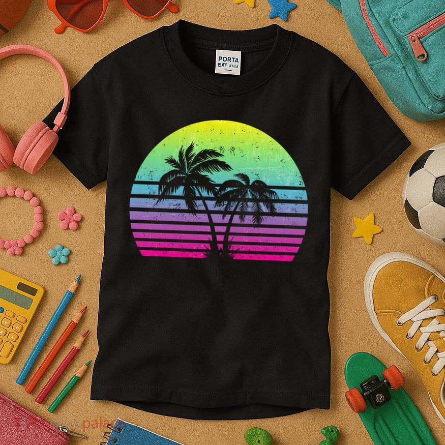 Summertime Synthwave Sunset With Palms Kids T-Shirt