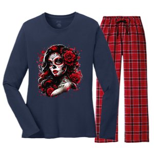 Sugar Skull Women De Los Muertos La Catrina Day Of The Dead Women's Long Sleeve Flannel Pajama Set 