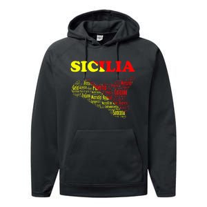 Sicily Souvenir With Map And Names Of Sicilian Cities Italy Performance Fleece Hoodie