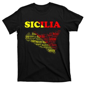 Sicily Souvenir With Map And Names Of Sicilian Cities Italy T-Shirt