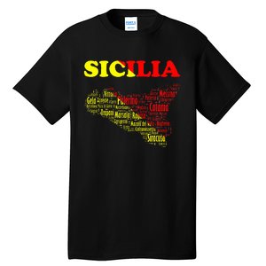 Sicily Souvenir With Map And Names Of Sicilian Cities Italy Tall T-Shirt