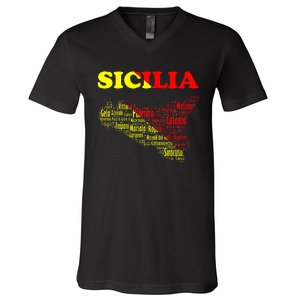 Sicily Souvenir With Map And Names Of Sicilian Cities Italy V-Neck T-Shirt