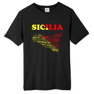 Sicily Souvenir With Map And Names Of Sicilian Cities Italy Tall Fusion ChromaSoft Performance T-Shirt