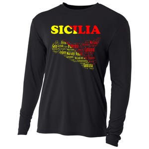 Sicily Souvenir With Map And Names Of Sicilian Cities Italy Cooling Performance Long Sleeve Crew