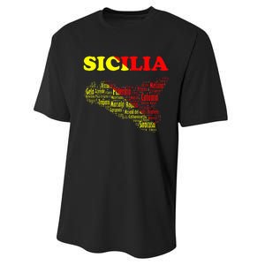 Sicily Souvenir With Map And Names Of Sicilian Cities Italy Performance Sprint T-Shirt