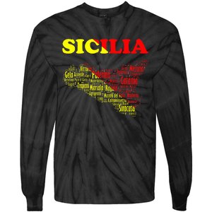 Sicily Souvenir With Map And Names Of Sicilian Cities Italy Tie-Dye Long Sleeve Shirt