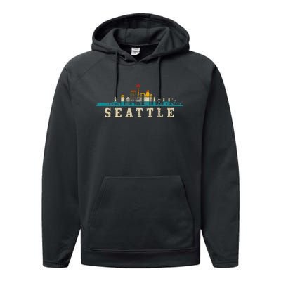 Seattle Skyline Washington Vintage Pride Retro Performance Fleece Hoodie