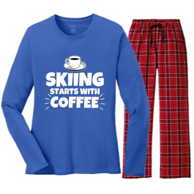 Skiing Starts With Coffee Funny Funny Gift Women's Long Sleeve Flannel Pajama Set 