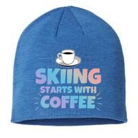 Skiing Starts With Coffee Funny Gift Sustainable Beanie