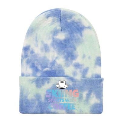 Skiing Starts With Coffee Funny Gift Tie Dye 12in Knit Beanie