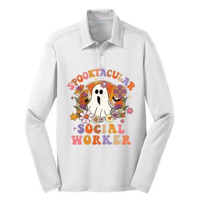 Spooktacular Social Worker Happy Halloween Spooky Matching Silk Touch Performance Long Sleeve Polo