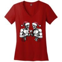 Santa Skeleton Wrestling Wrestler Halloween Christmas Xmas Women's V-Neck T-Shirt