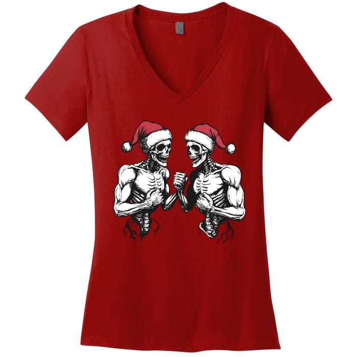 Santa Skeleton Wrestling Wrestler Halloween Christmas Xmas Women's V-Neck T-Shirt