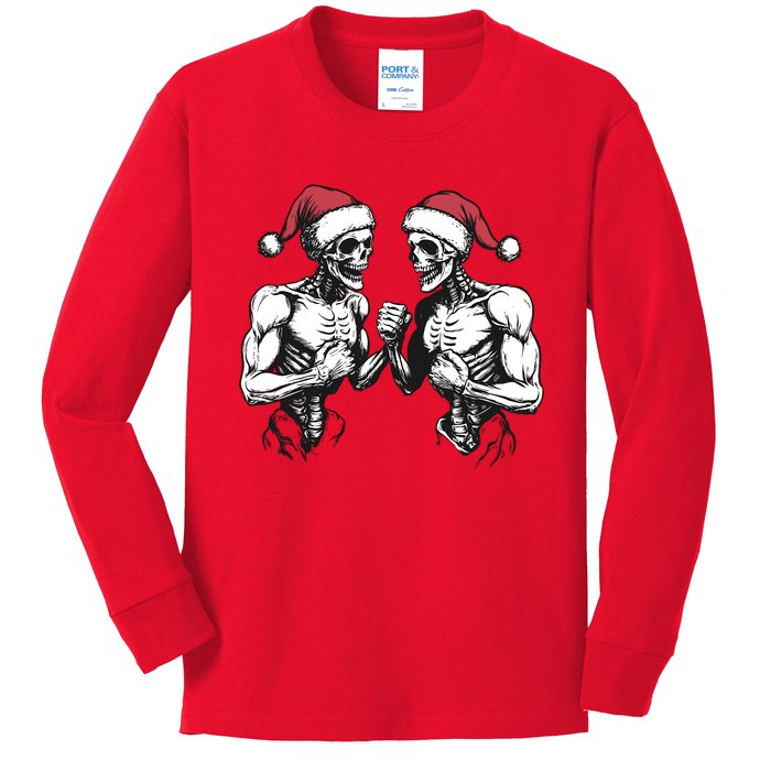 Santa Skeleton Wrestling Wrestler Halloween Christmas Xmas Kids Long Sleeve Shirt