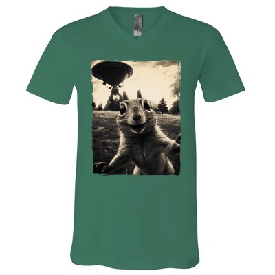 Squirrel Selfie With Ufos Squirrel Mom Funny Squirrel Lover V-Neck T-Shirt