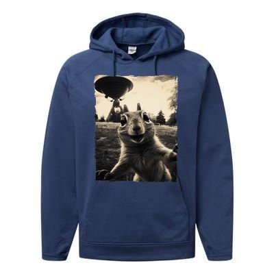 Squirrel Selfie With Ufos Squirrel Mom Funny Squirrel Lover Performance Fleece Hoodie