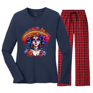 Sugar Skull Women De Los Muertos La Catrina Day Of The Dead Women's Long Sleeve Flannel Pajama Set 