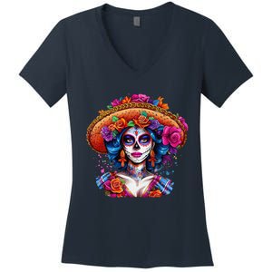 Sugar Skull Women De Los Muertos La Catrina Day Of The Dead Women's V-Neck T-Shirt