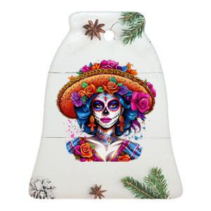 Sugar Skull Women De Los Muertos La Catrina Day Of The Dead Ceramic Bell Ornament