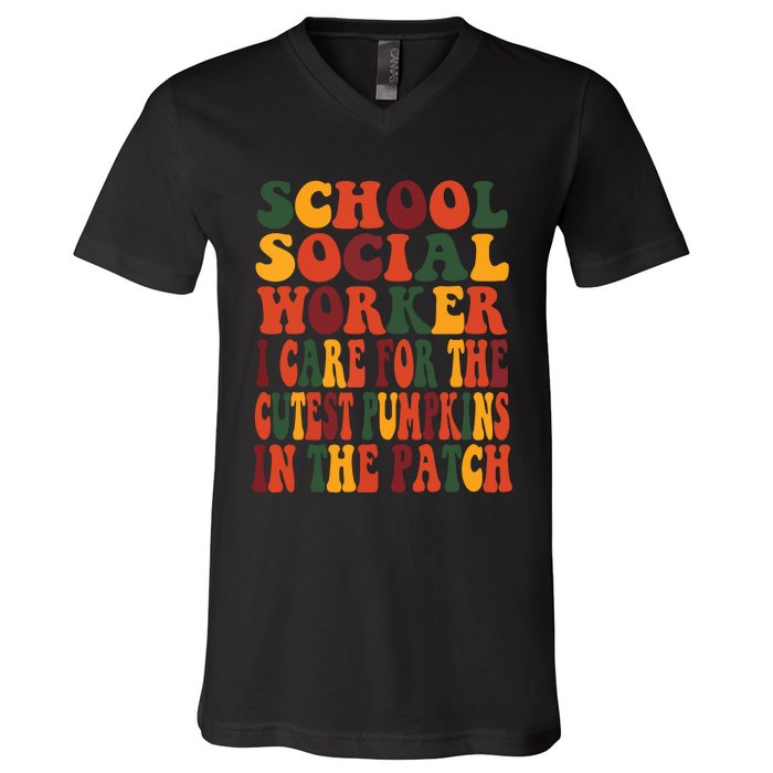 School Social Worker Halloween Rainbow Groovy School Worker V-Neck T-Shirt