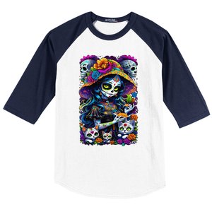 Sugar Skull Women De Los Muertos La Catrina Day Of The Dead Baseball Sleeve Shirt