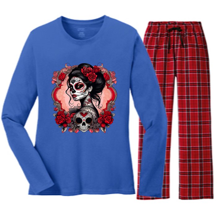 Sugar Skull Women De Los Muertos La Catrina Day Of The Dead Women's Long Sleeve Flannel Pajama Set 