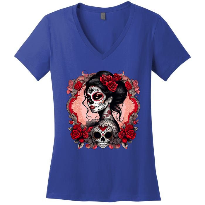 Sugar Skull Women De Los Muertos La Catrina Day Of The Dead Women's V-Neck T-Shirt