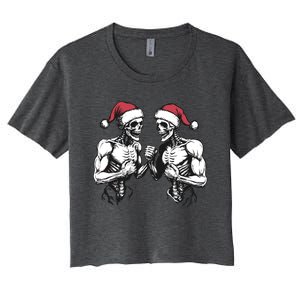 Santa Skeleton Wrestling Wrestler Halloween Christmas Xmas Women's Crop Top Tee