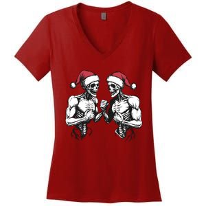 Santa Skeleton Wrestling Wrestler Halloween Christmas Xmas Women's V-Neck T-Shirt