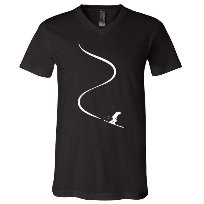 Skiing Skier With Tracks In Deep Powder Snow Freeride Gift V-Neck T-Shirt